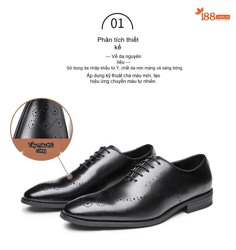 Giày Tây Buộc Dây Nam Da Thật Brogue Chiều Cao Đế Khoảng 3cm Màu Đen, Nâu chi tiết 1