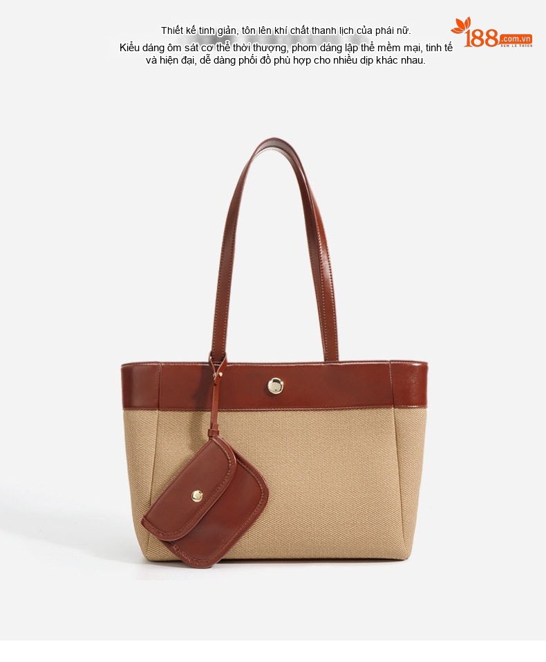 Túi Tote Nữ Thiết Kế Tối Giản Phối Màu Vải Canvas Da Bóng chi tiết 2
