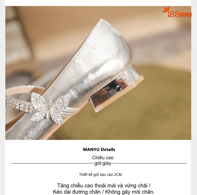 Giày Búp Bê Nữ Da Cừu Mũi Nhọn Gót Vuông Chiều Cao Đế Khoảng 2cm Quai Ngang Đính Đá Màu Đen, Bạc chi tiết 8