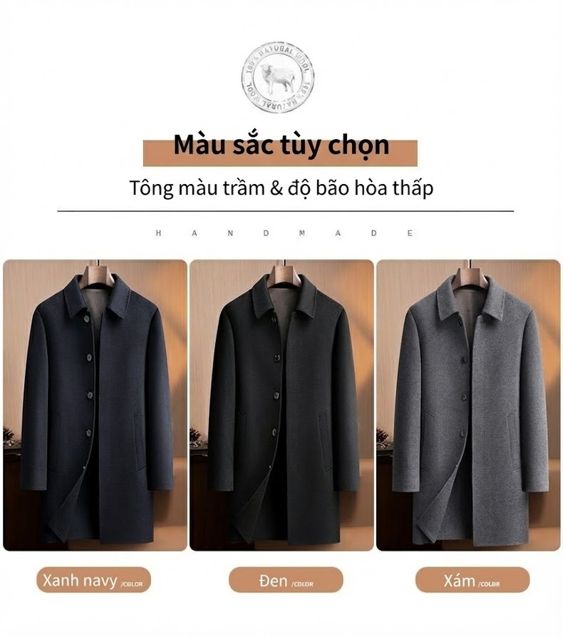 Áo Khoác Dạ Nam Trung Niên Dáng Dài Vừa Vải Len Hai Mặt Màu Xám, Đen, Xanh Navy chi tiết 17