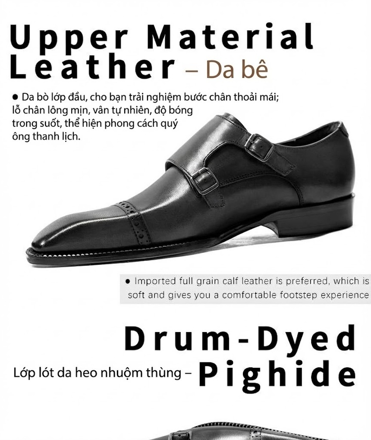 Giày Monk Strap Nam Da Bò Đầu Vuông Chiều Cao Đế Khoảng 3cm Màu Xám chi tiết 15