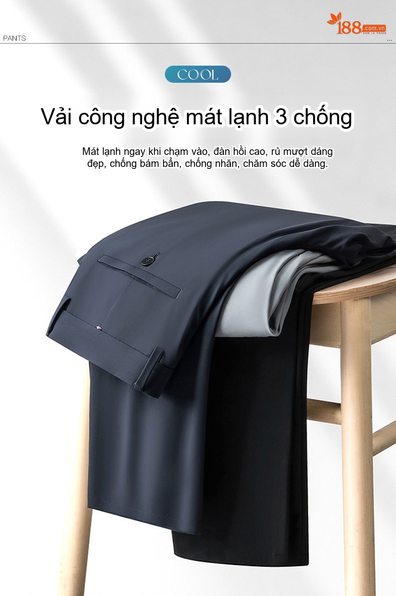Quần Âu Nam Dáng Ôm Vải Lụa Băng Chống Nhăn Dễ Ủi Màu Đen, Xám, Kem chi tiết 1