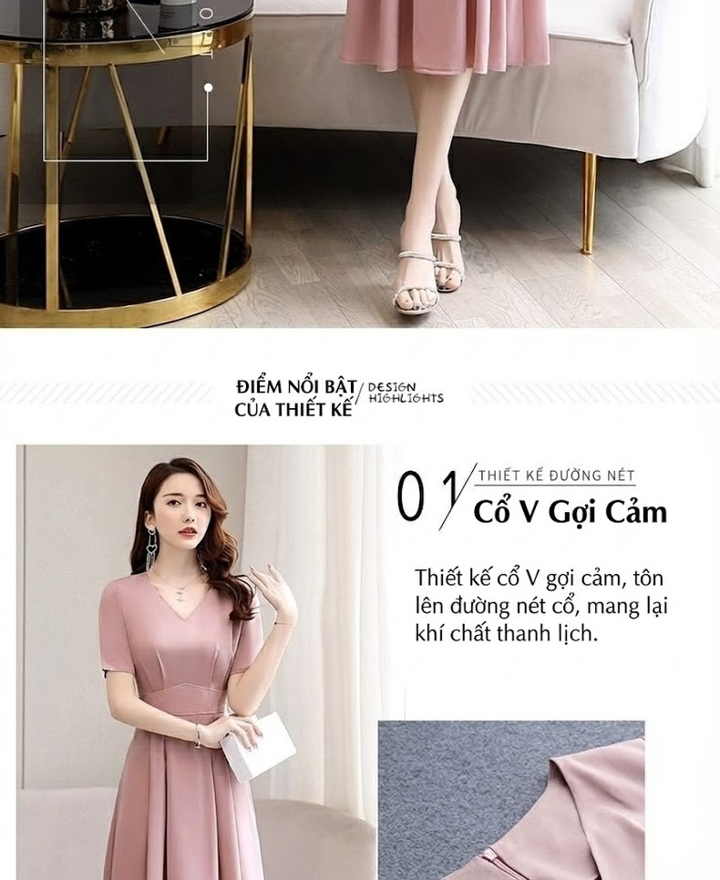 Váy Xòe Chữ A Cổ chữ V Tay Ngắn Thanh Lịch Màu Đen, Hồng, Xanh Mint chi tiết 5