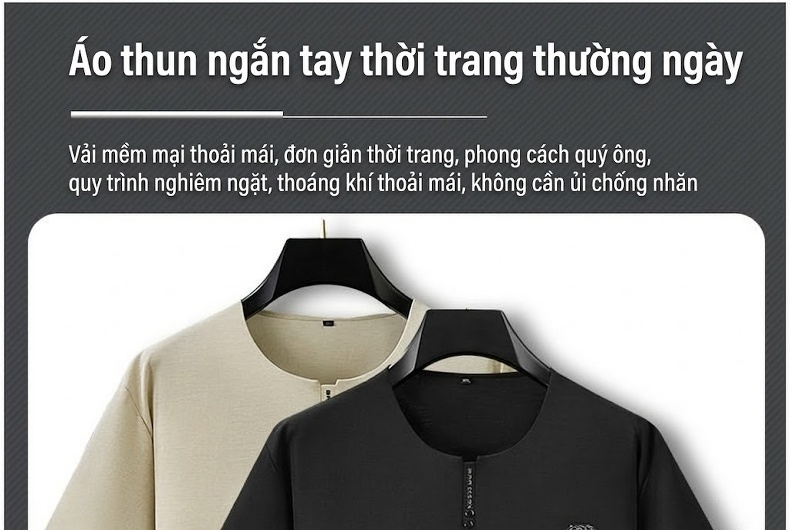 Áo Polo Nam Tay Ngắn Cổ Tròn Họa Tiết Kẻ Sọc Phong Cách Trung Quốc Màu Đen, Trắng, Be chi tiết 1