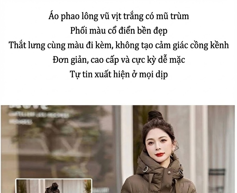 Áo Phao Nữ Dáng Dài Thắt Eo Có Mũ Trùm Đầu Giữ Ấm Phong Cách Thời Trang Màu Nâu, Trắng, Đen chi tiết 4