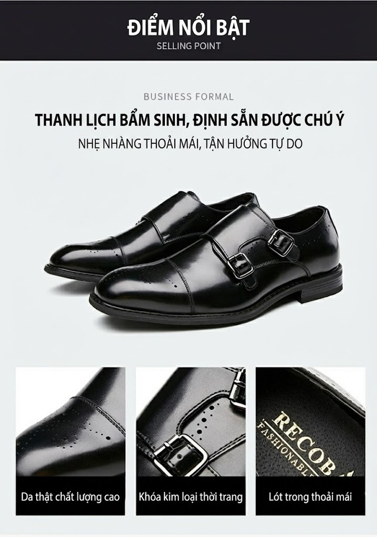 Giày Tây Monk Strap Nam Da Bóng Brogue Chiều Cao Đế Khoảng 3cm Màu Đen chi tiết 4