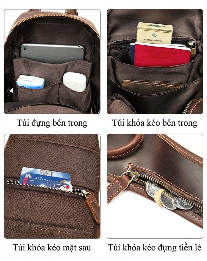 Túi Đeo Chéo Ngực Nam Da Thật Kiểu Nhật Bản Đa Năng Tiện Lợi Màu Nâu chi tiết 31