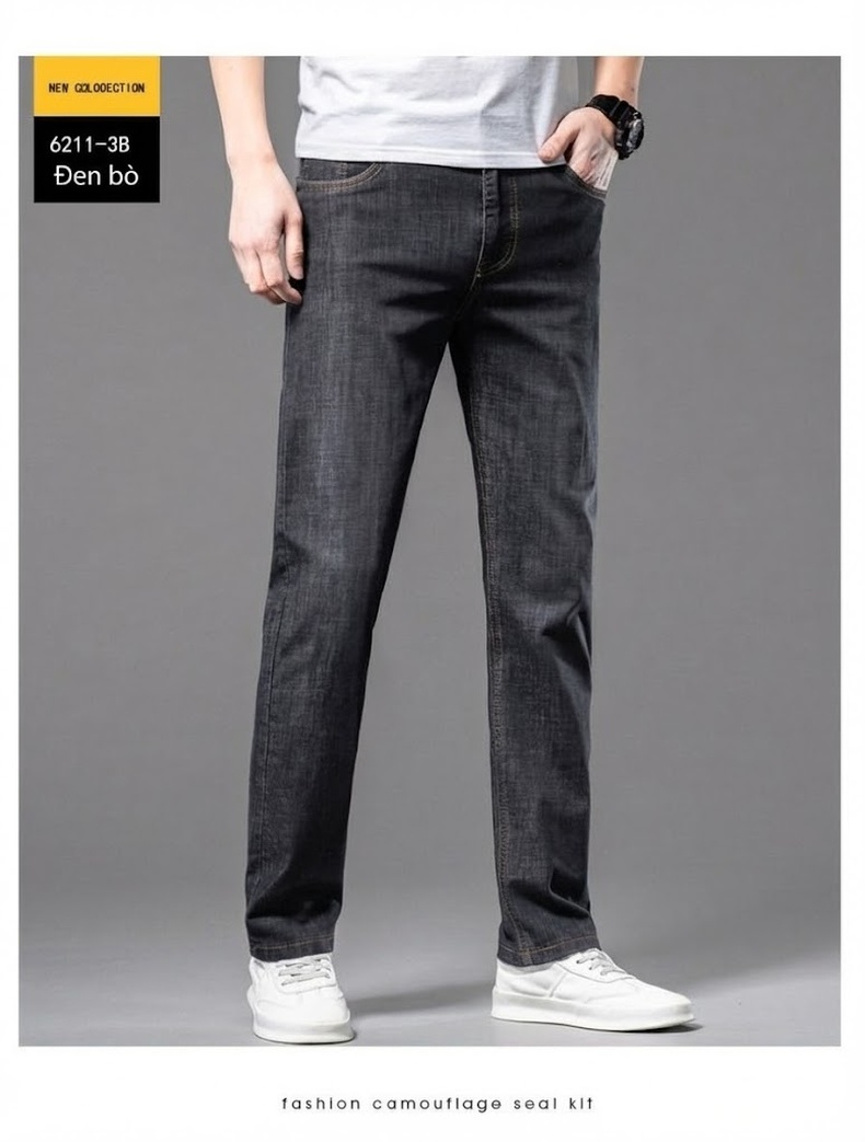 Quần Jeans Dài Nam Ống Đứng Co Giãn Nhẹ Thoáng Khí Màu Xanh Dương, Xám Đen chi tiết 7