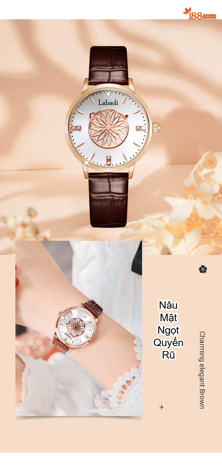 Đồng Hồ Nữ Labaoli Mặt Hoa Hồng Vàng Dây Da Bóng Màu Đen, Nâu, Đỏ, Xanh chi tiết 7