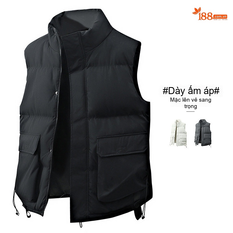 Áo Gilet Phao Nam Nữ Mùa Đông Dáng Rộng Cổ Trụ Túi Hộp Màu Đen, Trắng, Xám