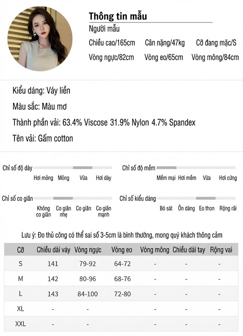 Váy liền thân Nữ Không Tay Cổ Tròn dáng chữ A Che Bụng Màu Kem chi tiết 2