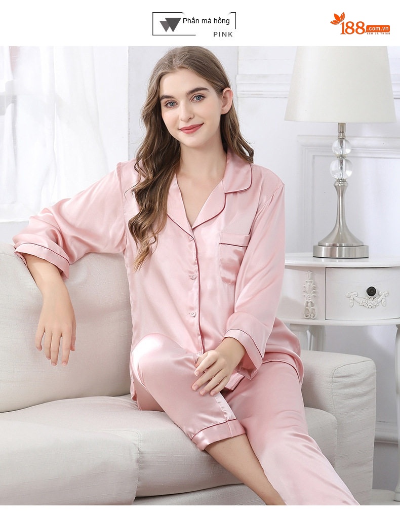 Bộ Đồ Ngủ Lụa Tơ Tằm Dài Tay Nữ Mùa Hè, Thu Màu Hồng, Xanh, Xanh Navy, Xanh Lá chi tiết 28