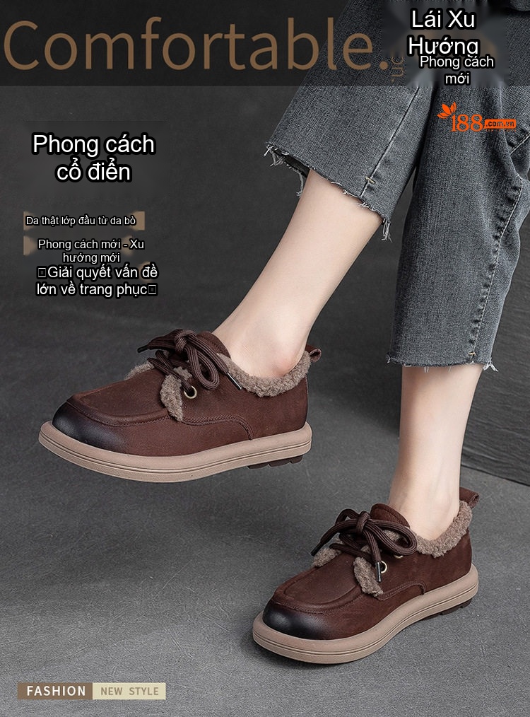 Giày Cotton Nữ Buộc Dây Lót Lông Chiều Cao Đế Khoảng 3cm Màu Nâu, Vàng chi tiết 1