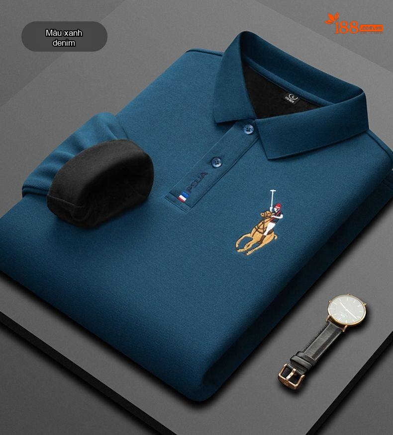 Áo Polo Nam Tay Dài Cotton Lót Lông Cừu Màu Xanh Dương, Xanh Navy, Kem, Xanh Lá chi tiết 16