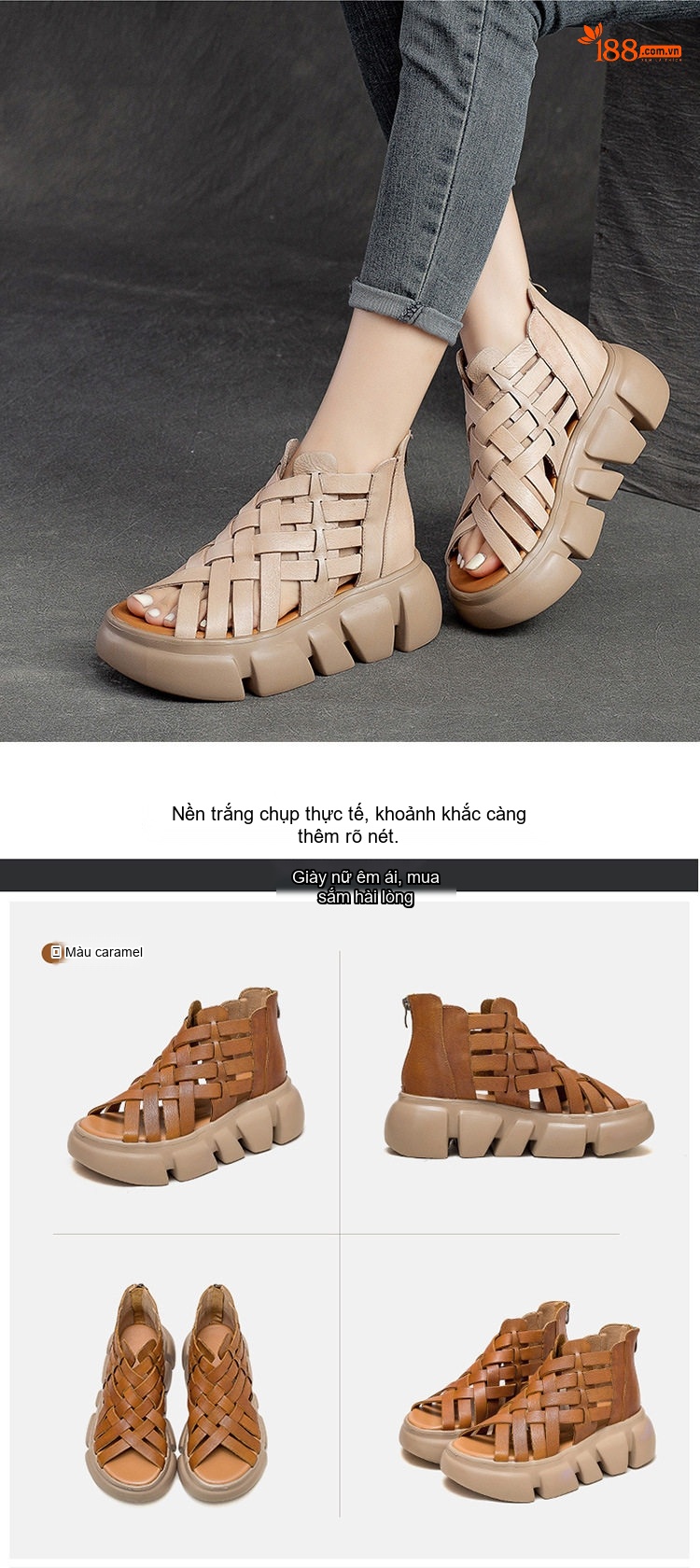 Dép Sandal Nữ Quai Đan Hở Ngón Đế Bệt Thoáng Khí Đế Cao 4cm - 5cm Màu Nâu, Xanh Lá, Kem chi tiết 14