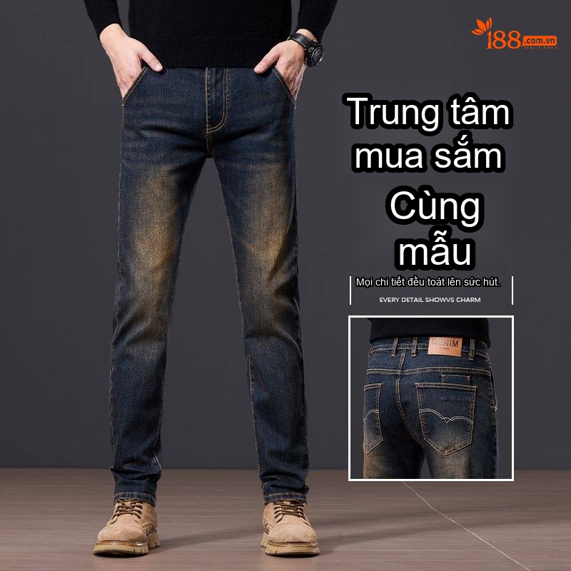 Quần Jean Nam Ống Đứng Vừa Vặn Phong Cách Retro Vải Denim Màu Xanh Dương