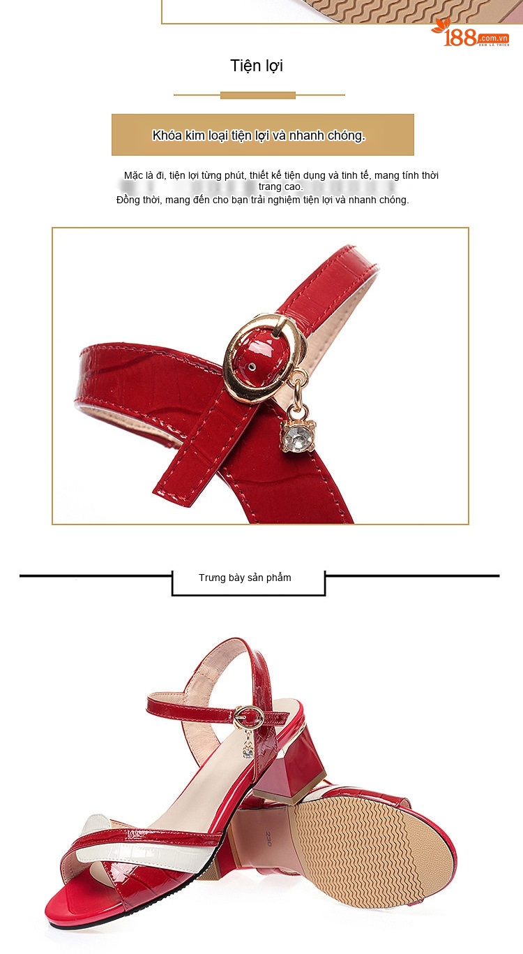 Giày Sandal Cao Gót Nữ Quai Ngang Phối Màu Da Bóng Gót Cao 7cm - 8cm Màu Đỏ, Trắng, Đen chi tiết 10
