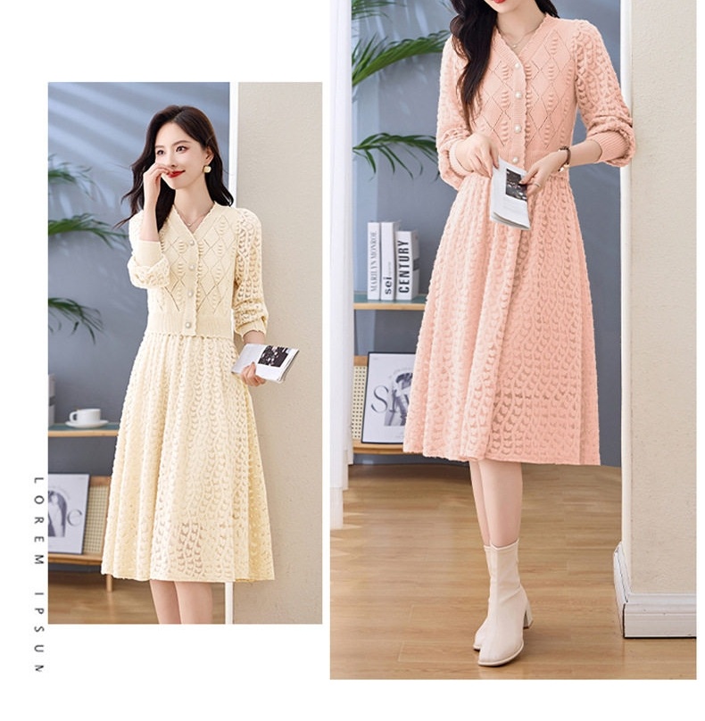 Váy Dệt Kim Nữ Cổ chữ V Đính Cúc Ngọc Trai Phối Ren Phong Cách Quý Cô Màu Be, Đen, Hồng chi tiết 4