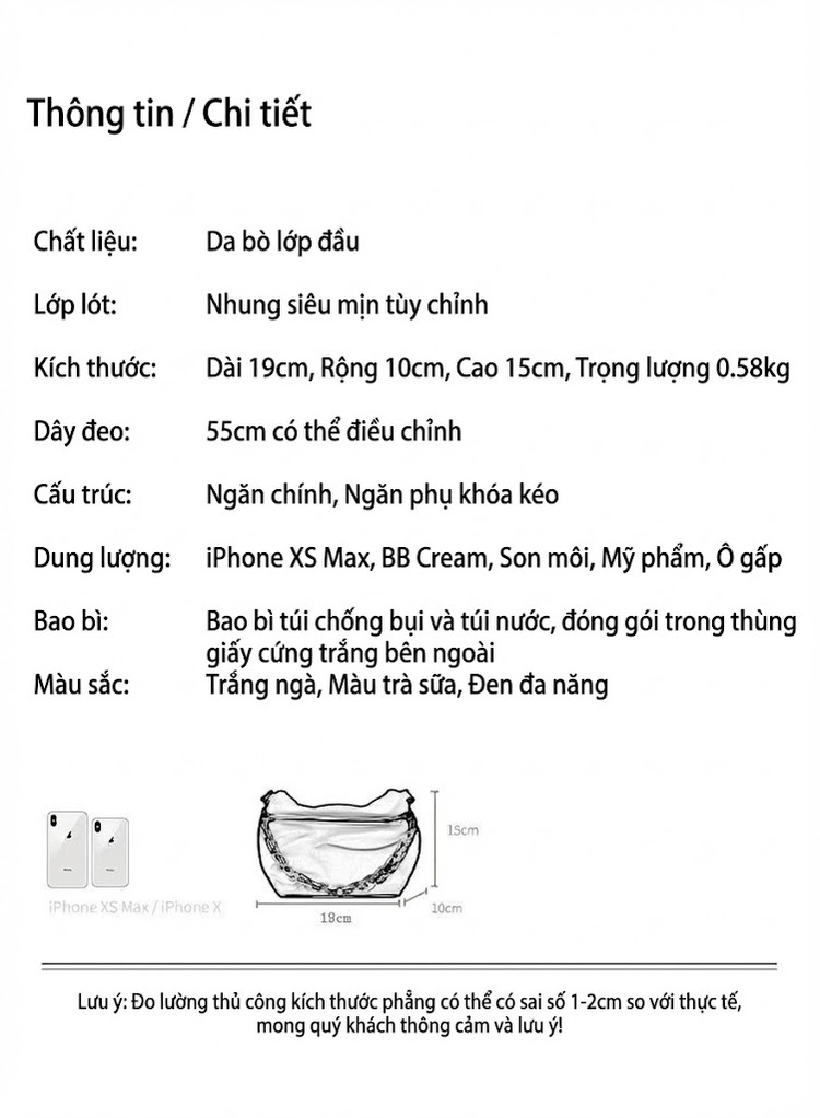 Túi Xách Nữ Da Bò Nhăn Vân Đám Mây Dây Xích Thời Trang Đeo Vai Đeo Chéo Màu Trắng Kem chi tiết 3