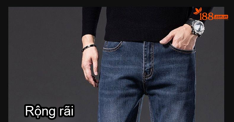 Quần Jean Nam Ống Đứng Cotton Dáng Rộng Co Giãn Thoải Mái Màu Xanh, Đen chi tiết 1