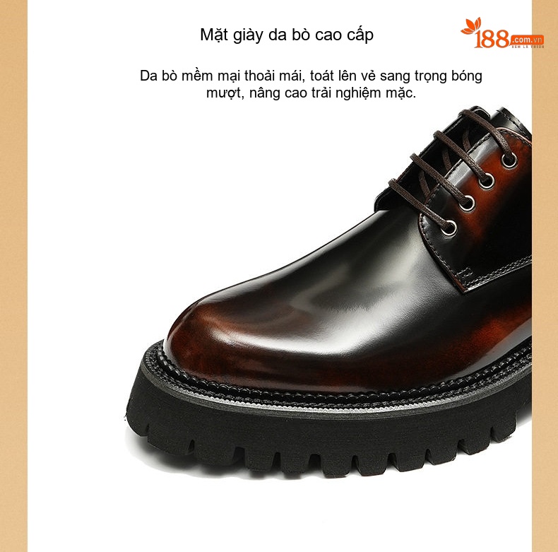 Giày Tây Buộc Dây Nam Da Bóng Đế Cao Khoảng 5cm Đinh Tán Màu Đen, Nâu chi tiết 8