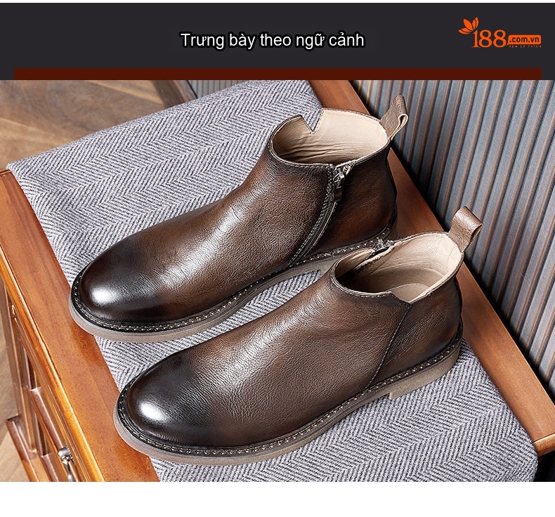 Boot Nam Da Bò Cao Cổ Chiều Cao Đế Khoảng 3cm Dáng Chelsea Màu Đen, Nâu chi tiết 6