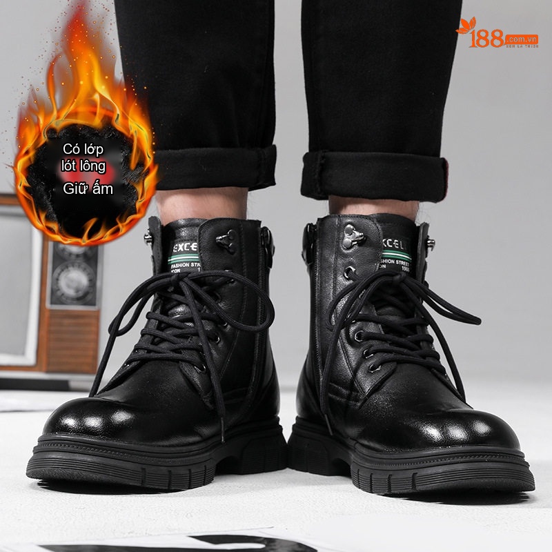 Giày Martin Nam Da Bò Phong Cách Công Sở Cao Cổ Lót Lông Chiều Cao Đế Khoảng 3cm Màu Đen