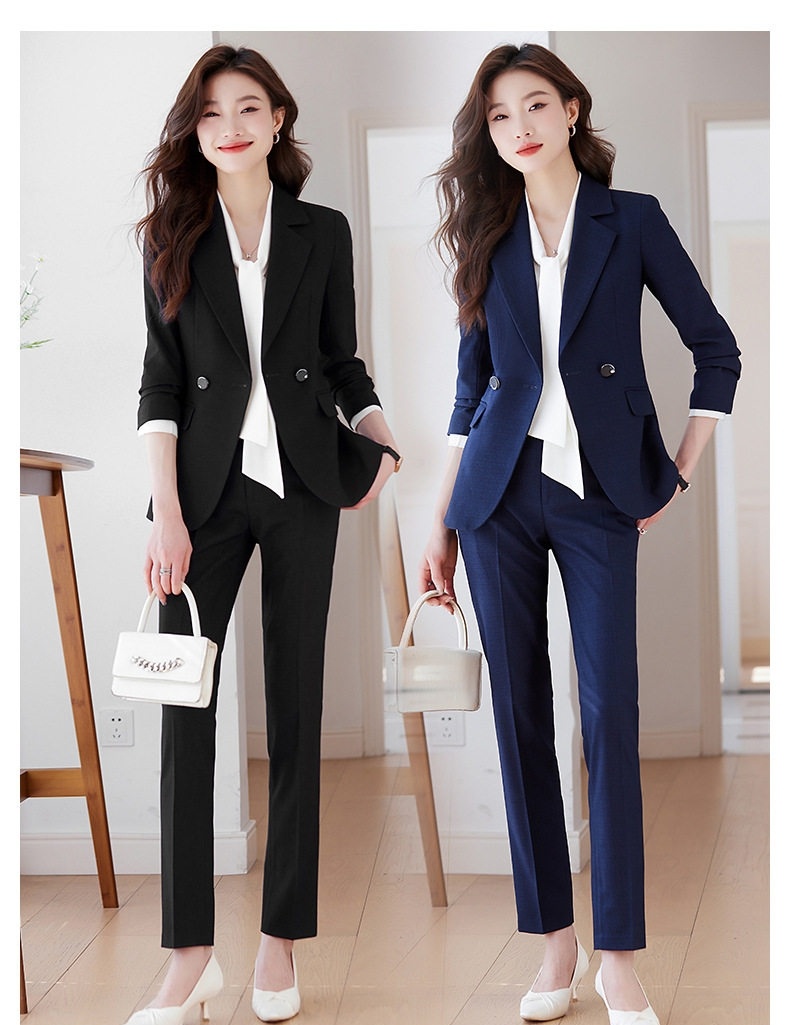 Bộ Vest Nữ Công Sở Quần Áo Dài Tay Phong Cách Hàn Quốc Màu Đen, Xanh Navy chi tiết 4