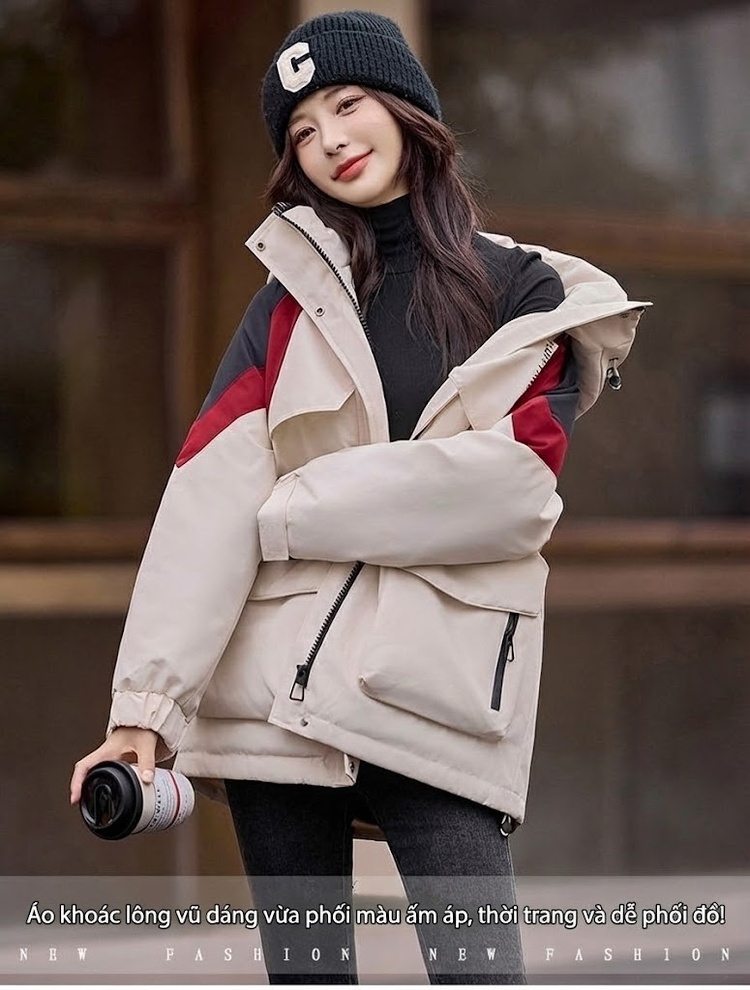 Áo Khoác Phao Nữ Dáng Dài Vừa Người Kiểu Parka Công Sở Lót Lông Vịt Màu Kem, Đỏ, Đen chi tiết 4