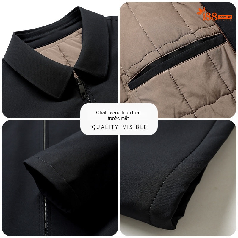 Áo Khoác Cotton Nam Cổ Bẻ Lót Lông Cừu Non Giữ Ấm Màu Đen