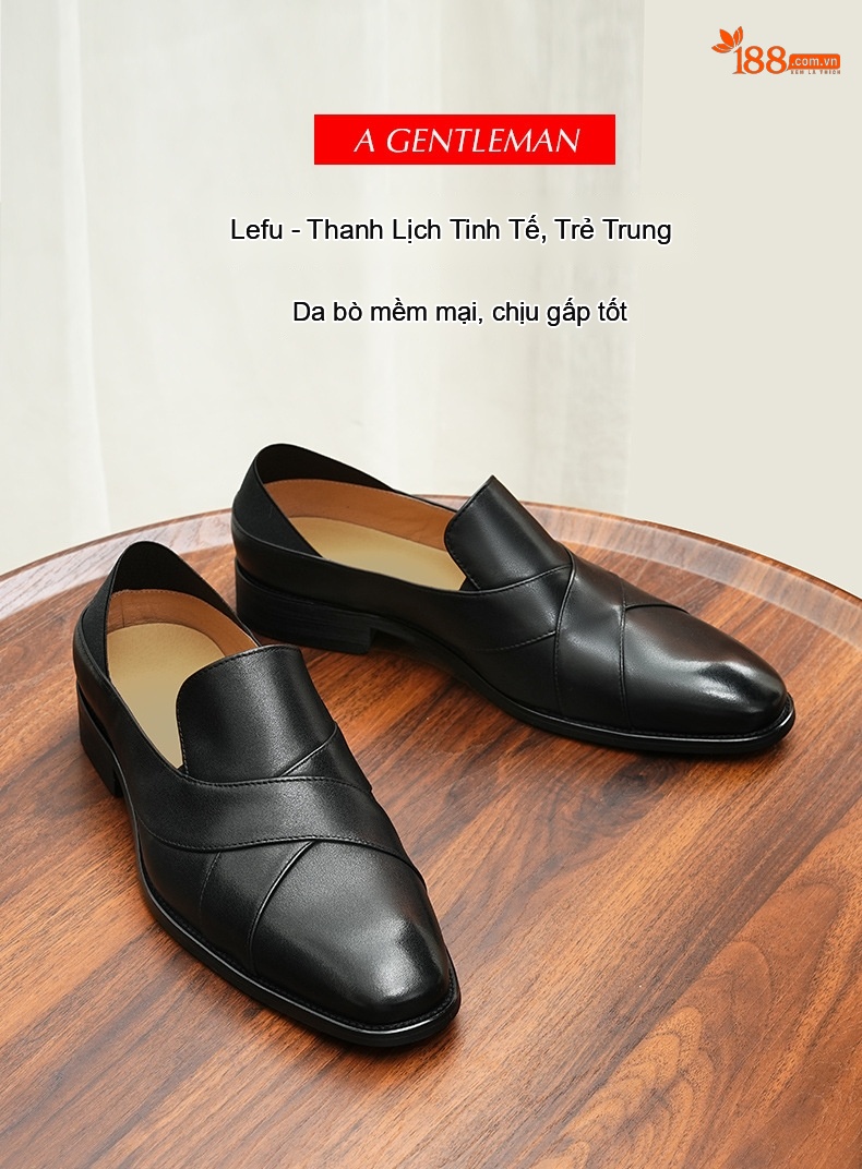 Giày Lười Nam Da Bò Mũi Tròn Chiều Cao Đế Khoảng 3cm Màu Đen chi tiết 1