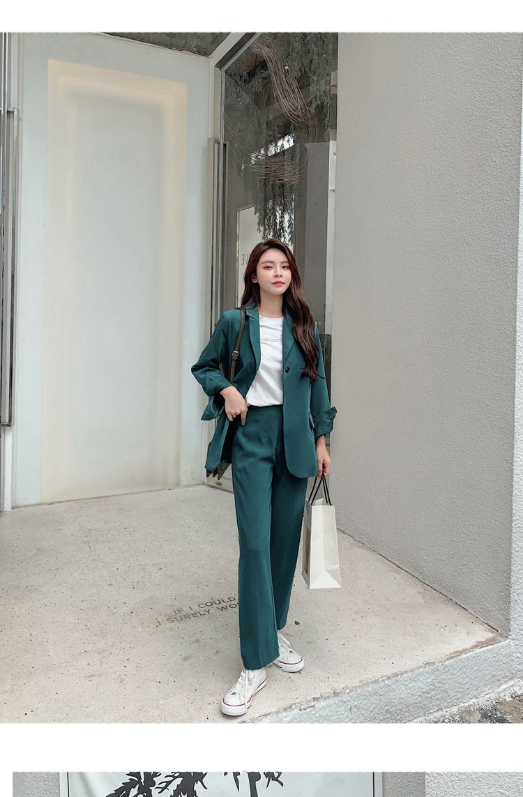 Bộ Vest Nữ Áo Khoác Tay Dài Quần Dài Ống Rộng Phong Cách Hàn Quốc Màu Nâu, Hồng, Xanh... chi tiết 13