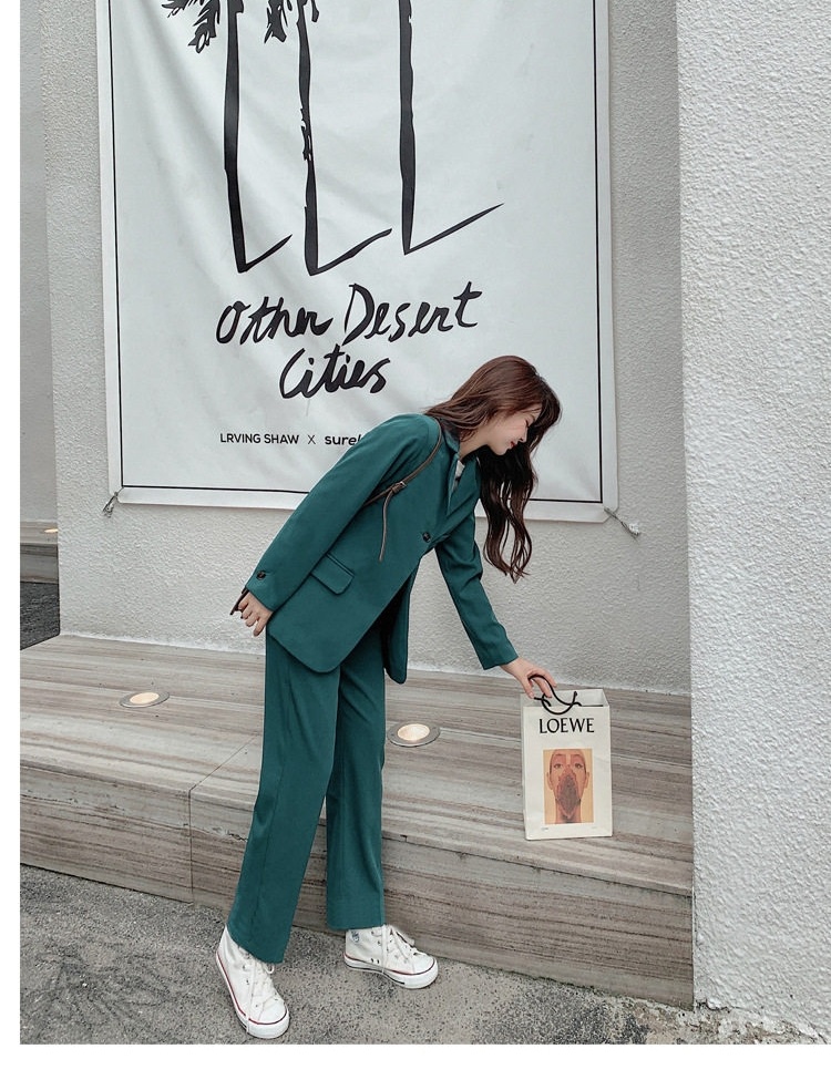 Bộ Vest Nữ Áo Khoác Tay Dài Quần Dài Ống Rộng Phong Cách Hàn Quốc Màu Nâu, Hồng, Xanh... chi tiết 14