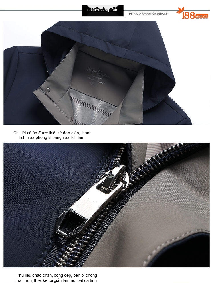 Áo Khoác Gió Nam Mỏng Nhẹ Có Mũ Trùm Đầu Phong Cách Business Casual Màu Đen, Xanh Navy, Be chi tiết 14