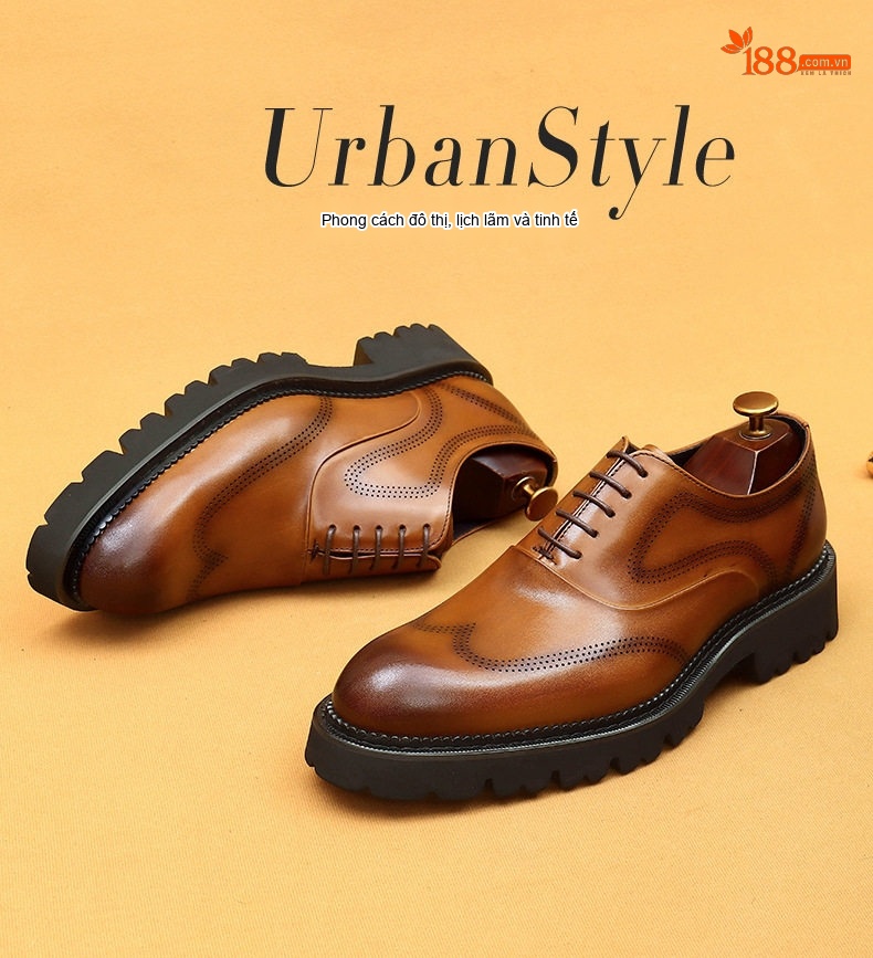 Giày Tây Buộc Dây Nam Da Thật Brogue Chiều Cao Đế Khoảng 4cm Màu Đen, Nâu chi tiết 1