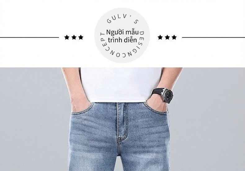 Quần Jean Nam Ống Suông Dáng Rộng Cotton Co Giãn Màu Xanh Nhạt, Xanh Đậm chi tiết 12