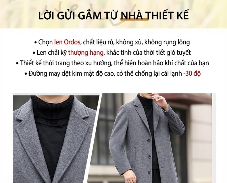 Áo Khoác Dạ Nam Dáng Dài Business Casual Màu Đen, Xám chi tiết 3