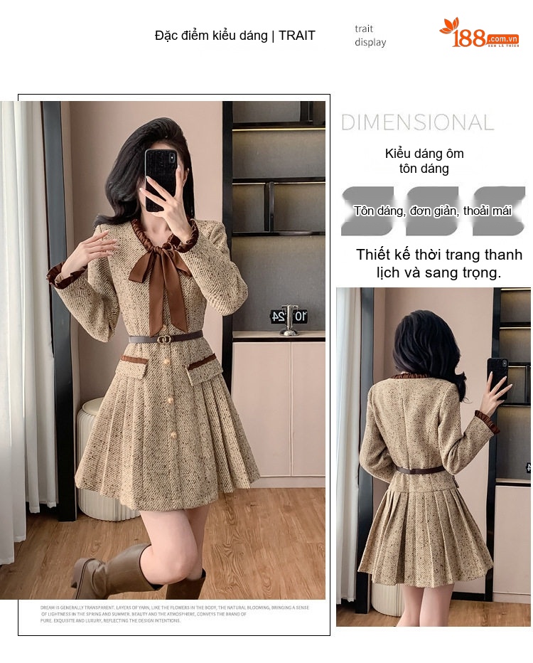 Váy Liền Thân Tiểu Thư Cổ Nơ Phong Cách Pháp Chân Váy Xòe Dáng Ngắn Màu Be chi tiết 5
