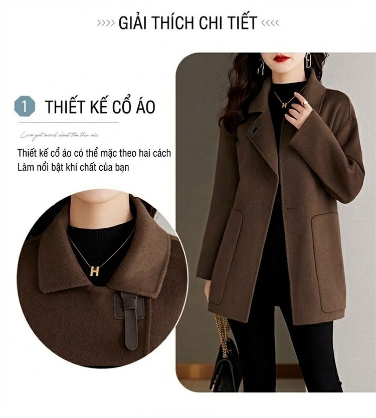 Áo Khoác Dạ Nữ Thắt Eo Phong Cách Hepburn, Áo Khoác Nỉ Ngắn Màu Đen, Nâu, Trắng chi tiết 6