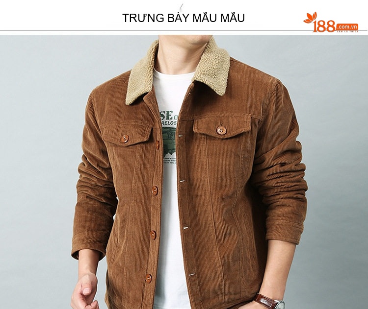 Áo Khoác Bông Nam Cotton Gân Tăm Lót Lông Cổ Tay Ngắn Màu Nâu, Đen, Xám chi tiết 3