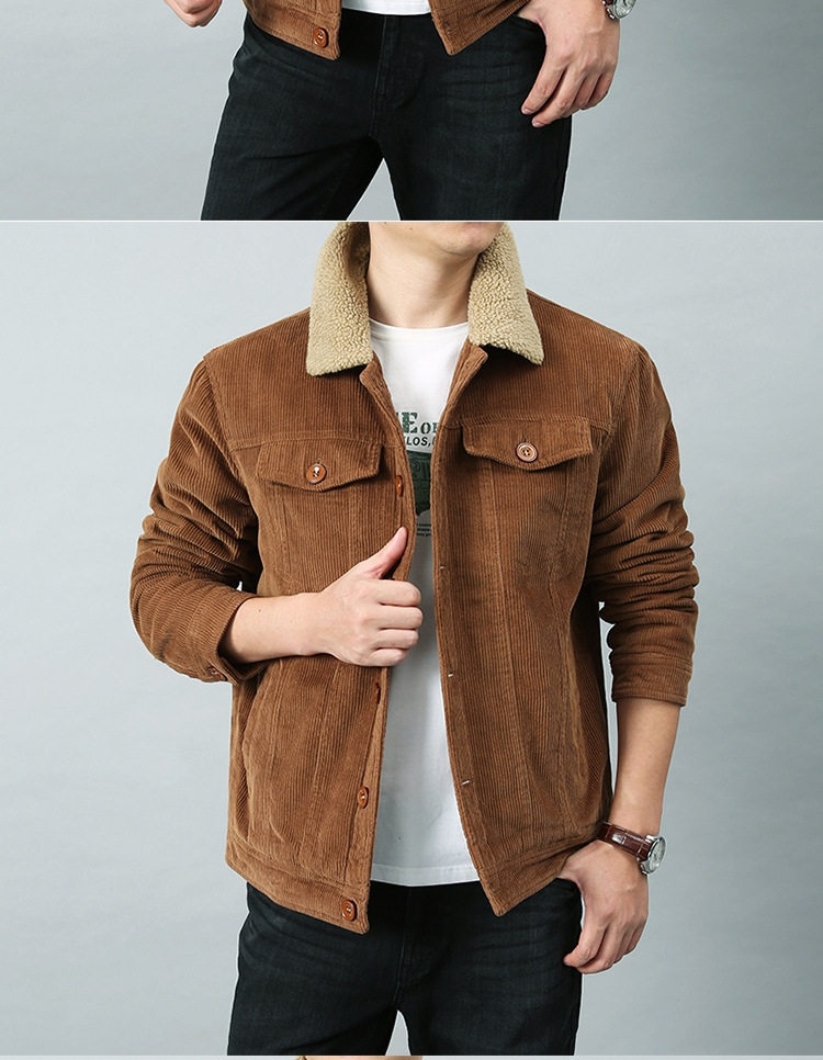 Áo Khoác Bông Nam Cotton Gân Tăm Lót Lông Cổ Tay Ngắn Màu Nâu, Đen, Xám chi tiết 4