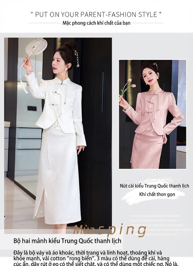 Set Áo Khoác Hán Phục Tay Dài Cổ Tàu Khuy Nút Tinh Tế Và Chân Váy Dài Thanh Lịch Màu Đen, Hồng, Trắng chi tiết 2