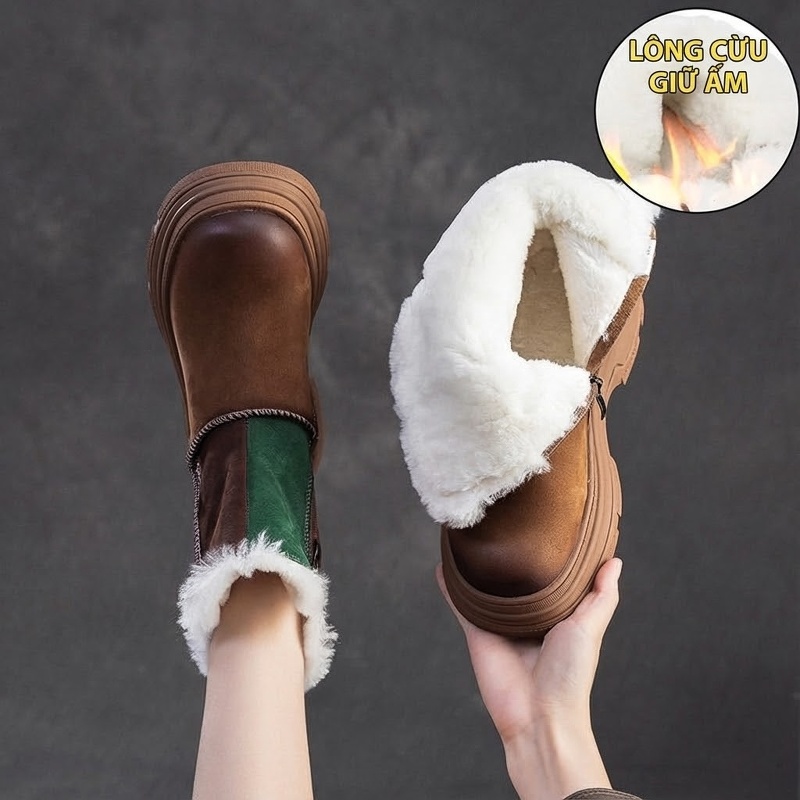Boot Nữ Cổ Lửng Lót Lông Cừu Đế Dày Phong Cách Retro Chiều Cao Đế Khoảng 5cm Màu Nâu, Xanh Lá