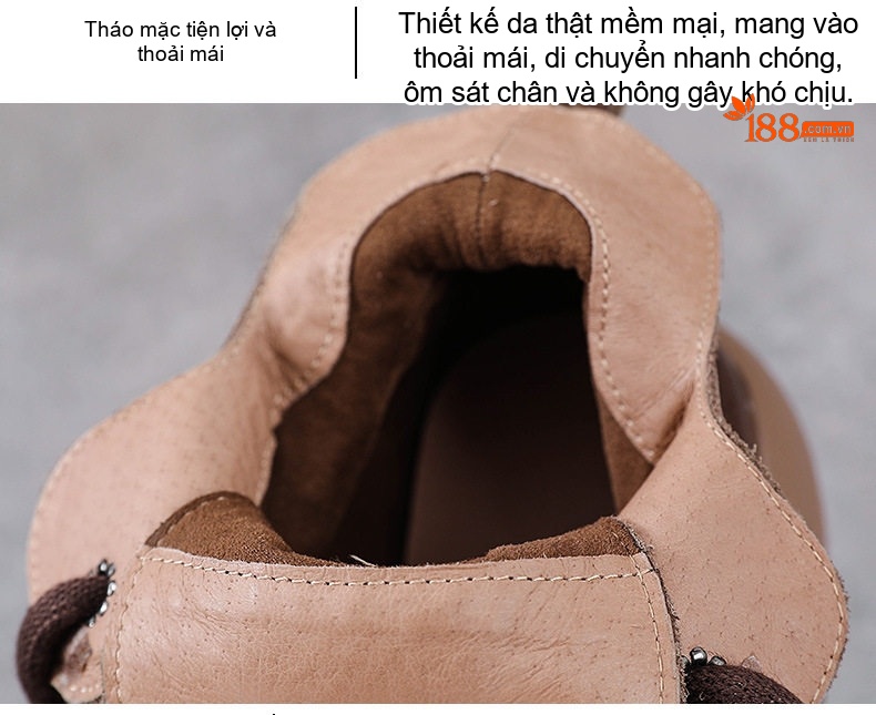 Giày Martin Nữ Da Bò Cổ Cao Buộc Dây Đế Dày Phong Cách Anh Quốc Chiều Cao Đế Khoảng 4cm Màu Be, Nâu, Đen chi tiết 7