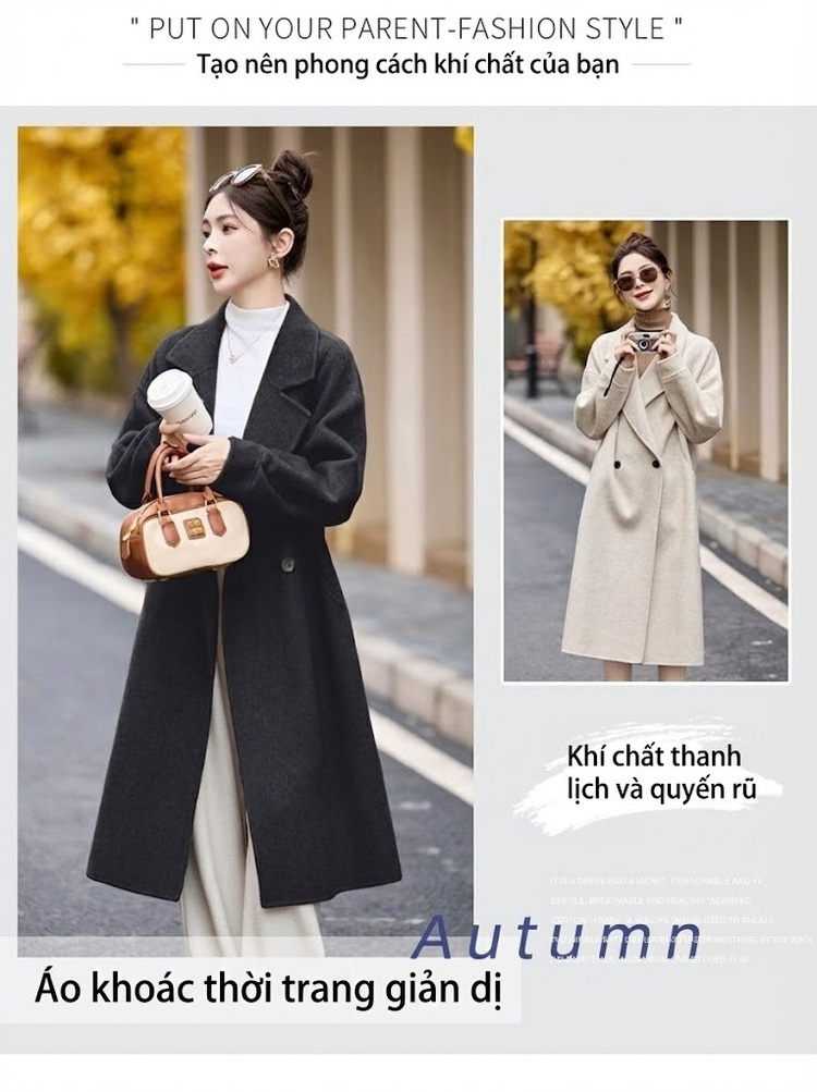 Áo Khoác Dạ Nữ Hai Mặt Dáng Dài Phong Cách Hepburn Màu Be, Nâu, Đen chi tiết 5
