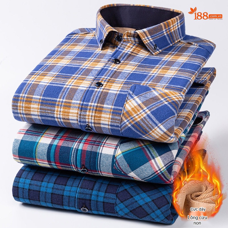 Áo Sơ Mi Nam Ca Rô Lông Cừu Non Cotton Dày Dặn Giữ Ấm Màu Đen, Đỏ, Xanh Dương, Xanh Lá...