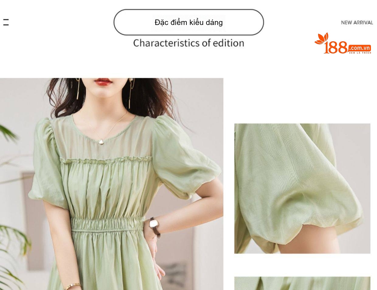 Váy liền thân Nữ Tay Phồng dáng chữ A Chiết Eo Thon Gọn Màu Xanh Lá, Hồng, Vàng Be chi tiết 4