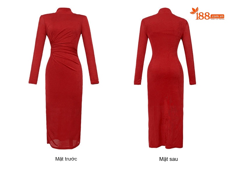 Váy Dài Tay Cổ Lọ Ôm Dáng Co Giãn Phong Cách Pháp Màu Đỏ, Xanh Dương, Xanh Lá, Cam, Đỏ Rượu chi tiết 11