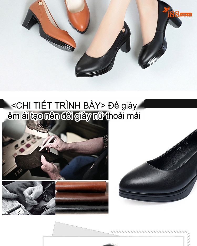 Giày Cao Gót Nữ Da Thật Chiều Cao Đế Khoảng 6cm Quai Hậu Màu Đen, Nâu chi tiết 6