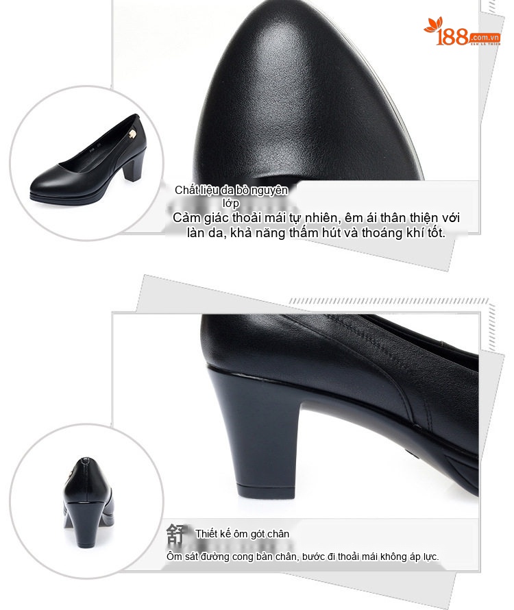 Giày Cao Gót Nữ Da Thật Chiều Cao Đế Khoảng 6cm Quai Hậu Màu Đen, Nâu chi tiết 7
